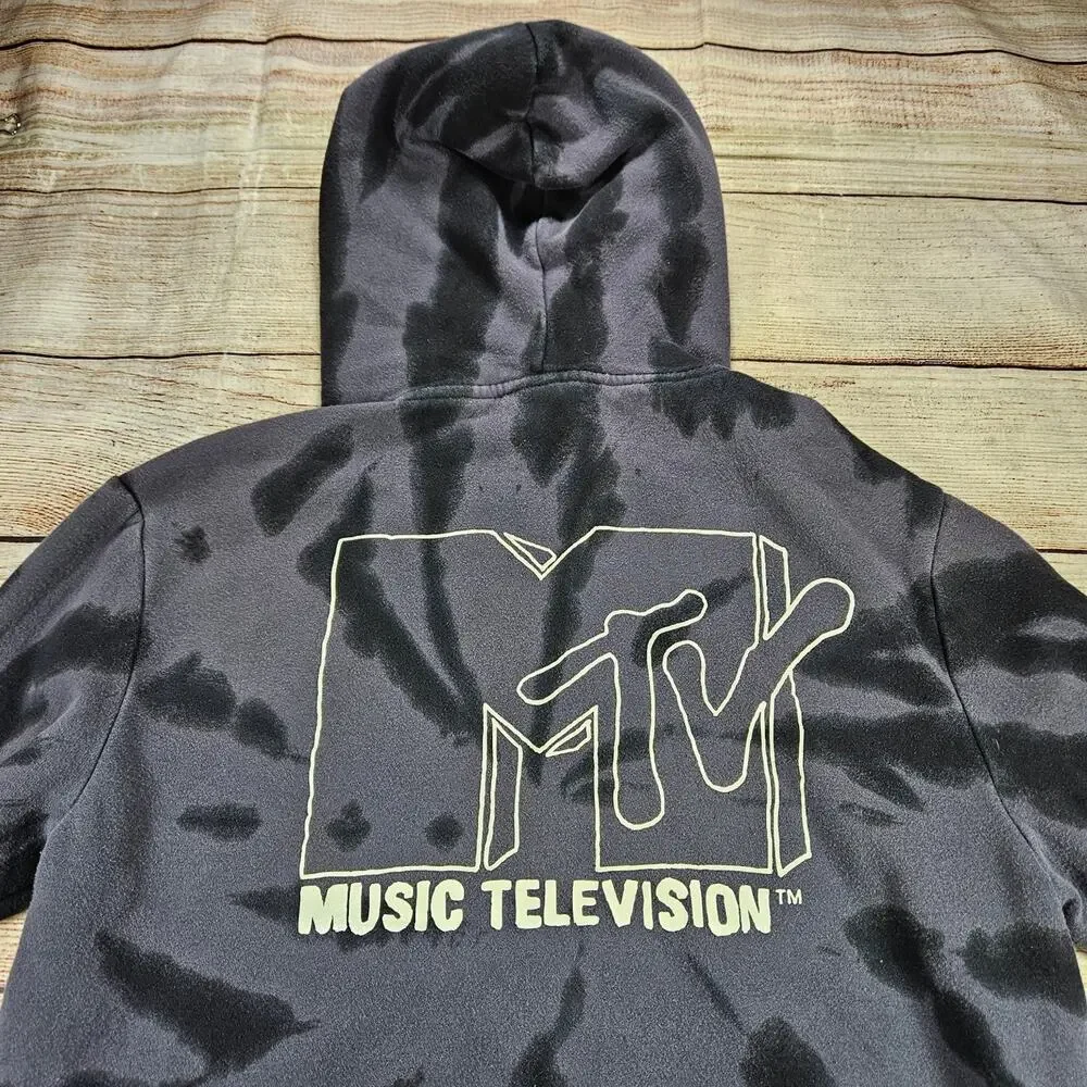 H&M MTV Hoodie Men's Black Gray Tie-Dye S Pullover Graphic Hooded Sweatshirt